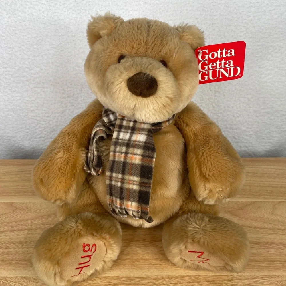 Gund Cuddly Plush Bear 41280 Tan Plaid Scarf Hug Me Embroidered Paws NWT 11in
